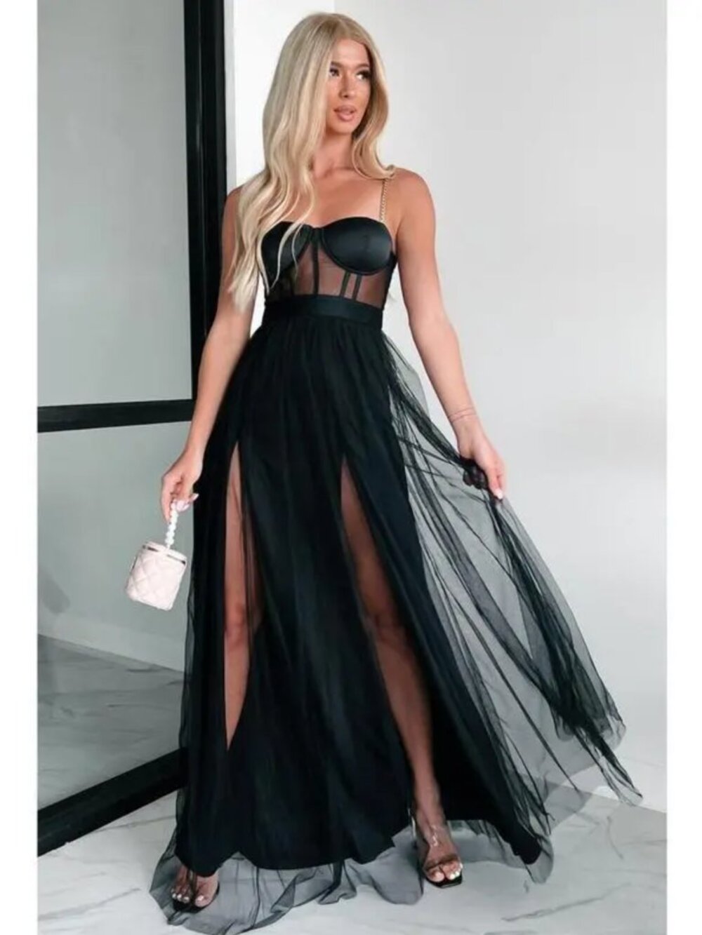 Knock Out Gold Chain Detail Corset Maxi Dress